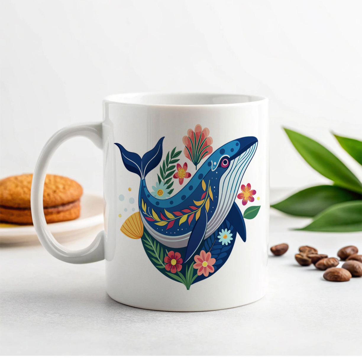 Whale Floral Flowers Ceramic Tea Coffee Mug Cup - 11oz