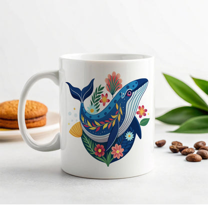 Whale Floral Flowers Ceramic Tea Coffee Mug Cup - 11oz