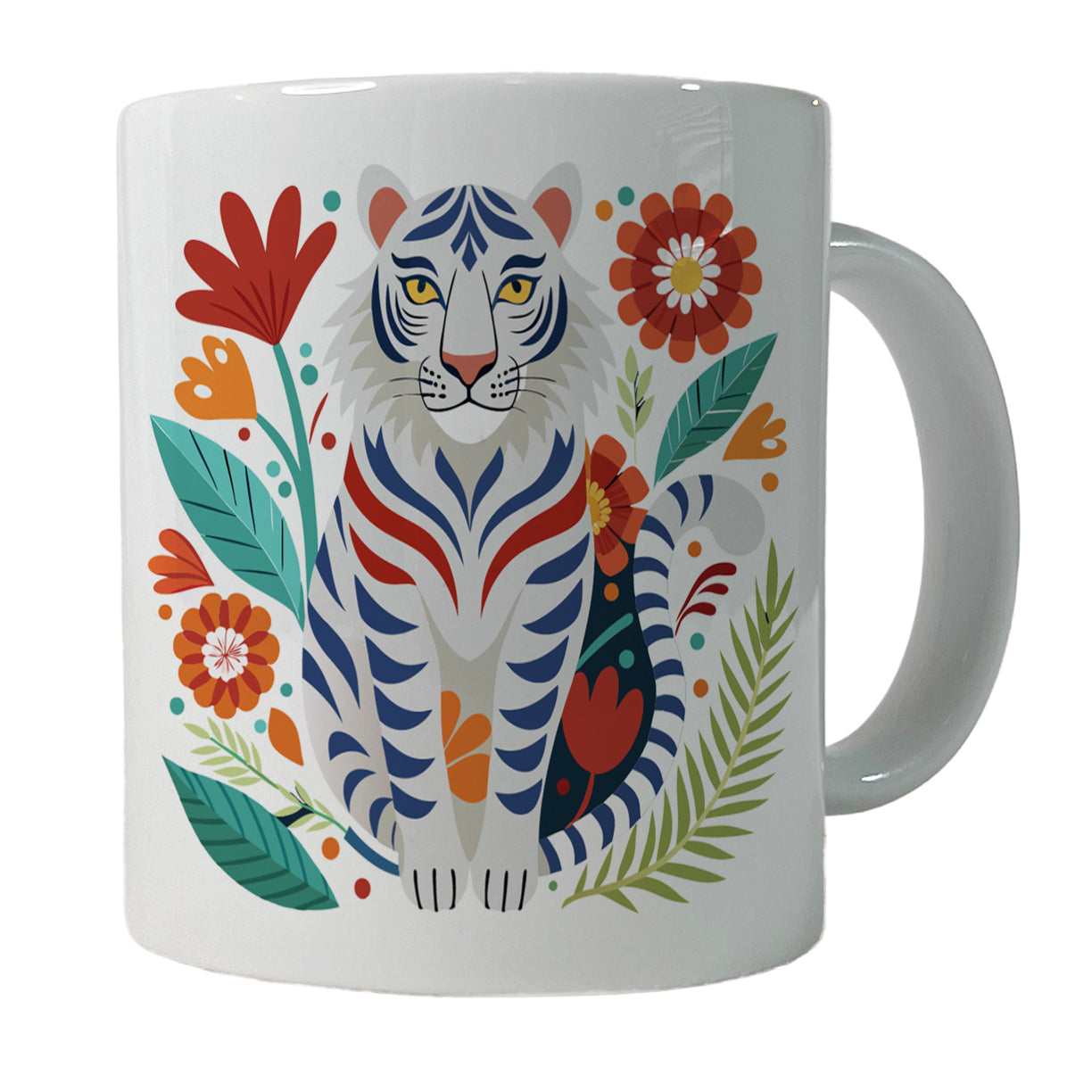 White Tiger Floral Flowers Ceramic Tea Coffee Mug Cup - 11oz