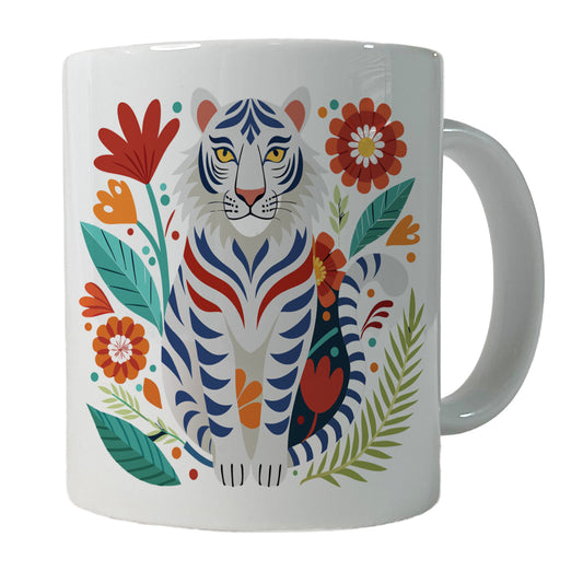 White Tiger Floral Flowers Ceramic Tea Coffee Mug Cup - 11oz