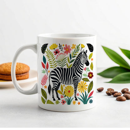 Zebra Floral Flowers Motif Ceramic Tea Coffee Mug Cup - 11oz