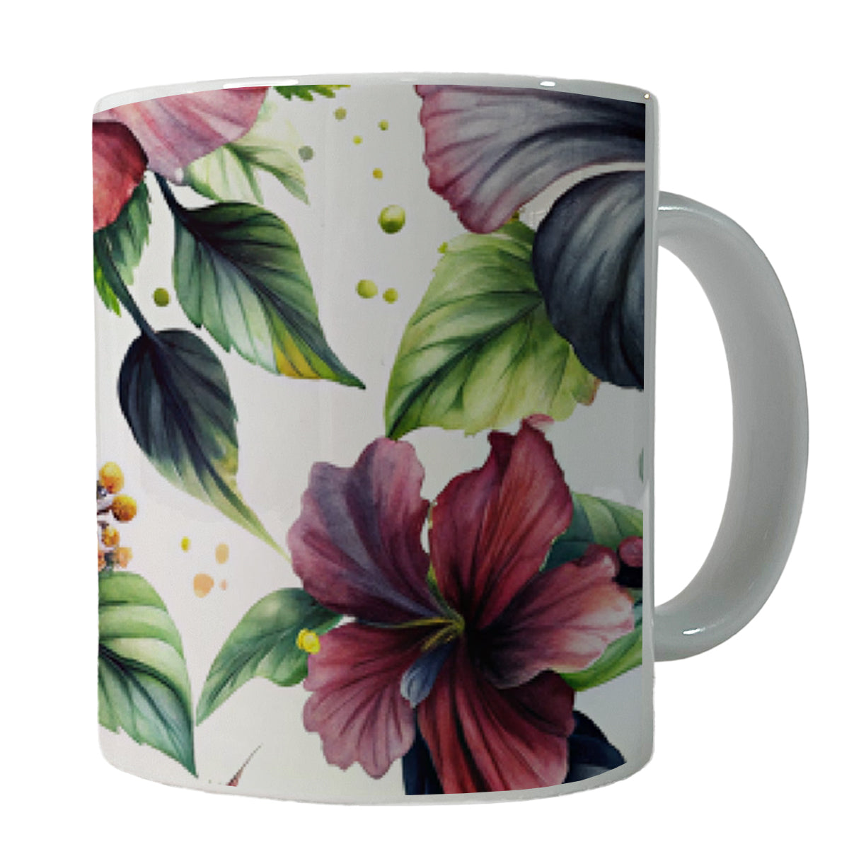 Black Pink Hibiscus Flowers Watercolor Ceramic Tea Coffee Mug Cup - 11oz