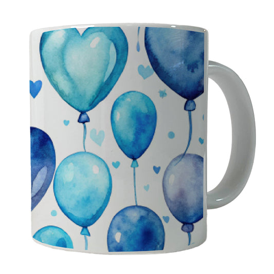 Blue Balloons Hearts Watercolor Birthday Ceramic Tea Coffee Mug Cup - 11oz