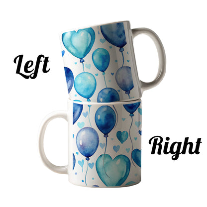 Blue Balloons Hearts Watercolor Birthday Ceramic Tea Coffee Mug Cup - 11oz