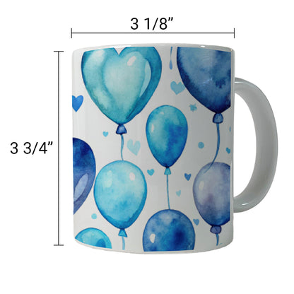Blue Balloons Hearts Watercolor Birthday Ceramic Tea Coffee Mug Cup - 11oz