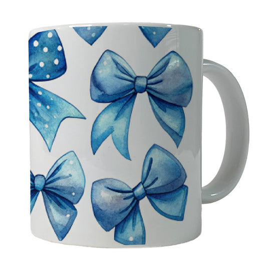 Blue Scattered Coquette Bows Cute Watercolor Ceramic Tea Coffee Mug Cup - 11oz