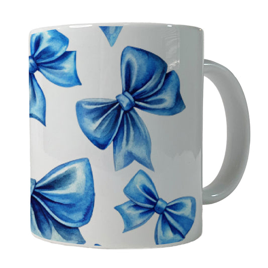 Blue Scattered Coquette Bows Watercolor Ceramic Tea Coffee Mug Cup - 11oz