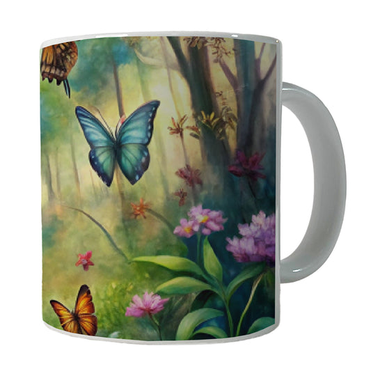 Butterflies In Forest Fantasy Watercolor Ceramic Tea Coffee Mug Cup - 11oz