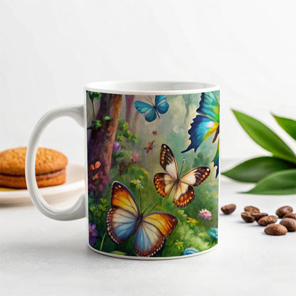 Butterflies In Forest Fantasy Watercolor Ceramic Tea Coffee Mug Cup - 11oz