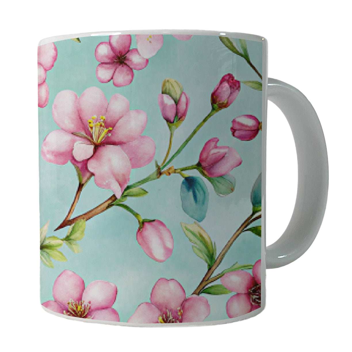 Cherry Blossom Flowers Light Blue Ceramic Tea Coffee Mug Cup - 11oz