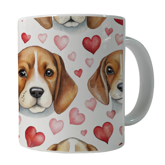 Cute Beagle Dog Faces Hearts Ceramic Tea Coffee Mug Cup - 11oz