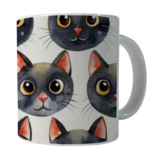 Cute Black Cat Faces Watercolor Ceramic Tea Coffee Mug Cup - 11oz