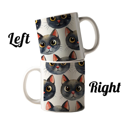 Cute Black Cat Faces Watercolor Ceramic Tea Coffee Mug Cup - 11oz