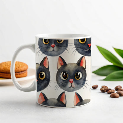 Cute Black Cat Faces Watercolor Ceramic Tea Coffee Mug Cup - 11oz