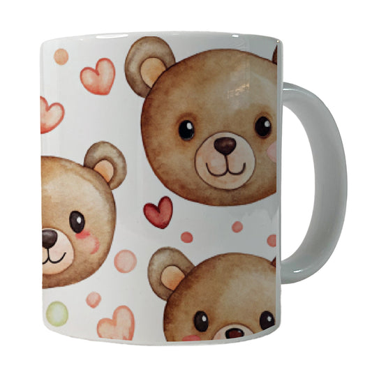 Cute Brown Bear Faces Hearts Ceramic Tea Coffee Mug Cup - 11oz