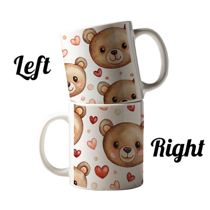 Cute Brown Bear Faces Hearts Ceramic Tea Coffee Mug Cup - 11oz