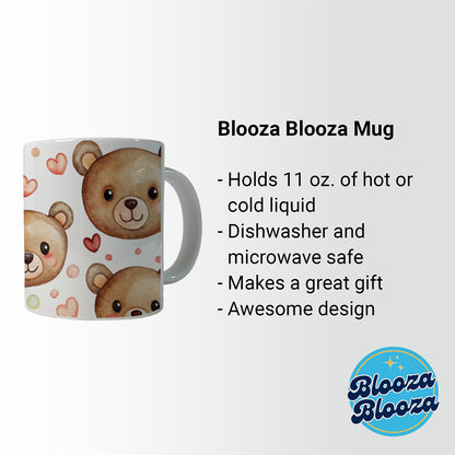 Cute Brown Bear Faces Hearts Ceramic Tea Coffee Mug Cup - 11oz