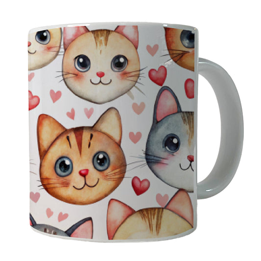 Cute Cat Faces Hearts Watercolor Ceramic Tea Coffee Mug Cup - 11oz
