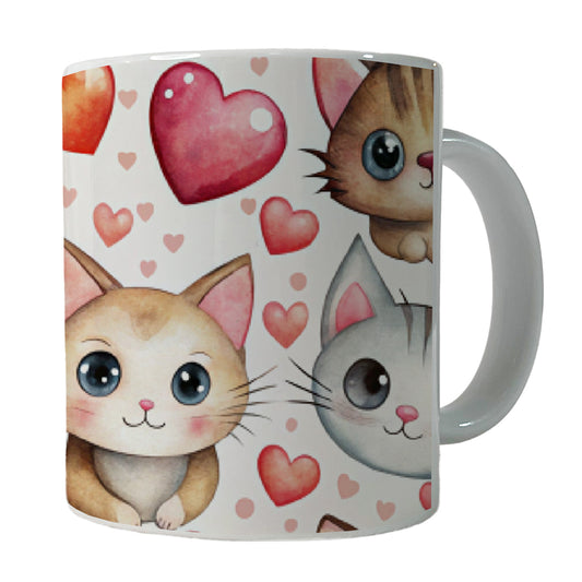 Cute Cats Hearts Watercolor Ceramic Tea Coffee Mug Cup - 11oz