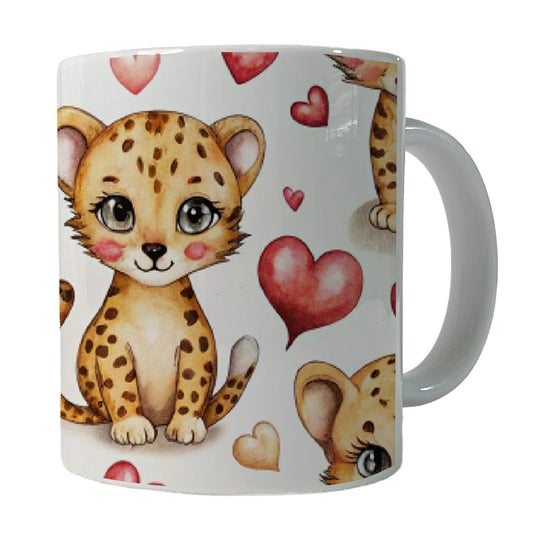 Cute Cheetahs Hearts Watercolor Ceramic Tea Coffee Mug Cup - 11oz