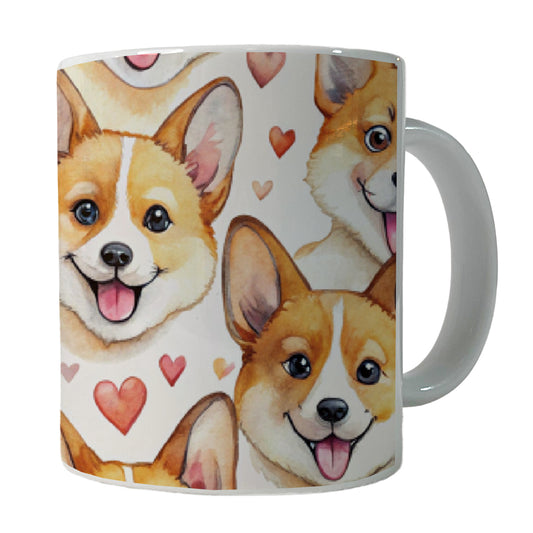 Cute Corgi Dog Faces Hearts Ceramic Tea Coffee Mug Cup - 11oz