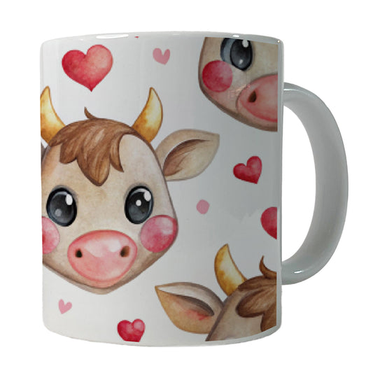 Cute Cow Faces Hearts Watercolor Ceramic Tea Coffee Mug Cup - 11oz