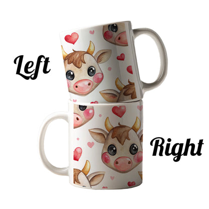 Cute Cow Faces Hearts Watercolor Ceramic Tea Coffee Mug Cup - 11oz