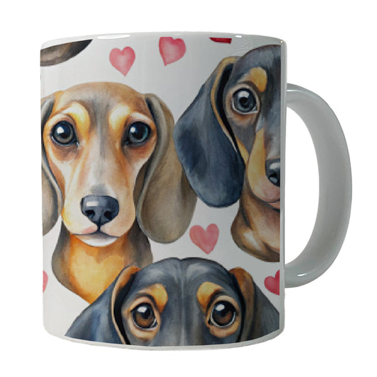 Cute Dachshund Dog Faces Hearts Ceramic Tea Coffee Mug Cup - 11oz