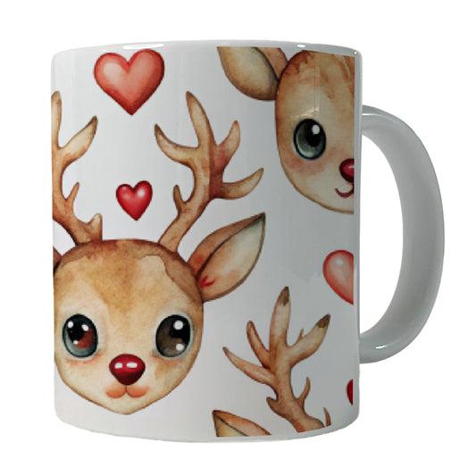 Cute Deer Faces Hearts Watercolor Ceramic Tea Coffee Mug Cup - 11oz