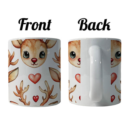 Cute Deer Faces Hearts Watercolor Ceramic Tea Coffee Mug Cup - 11oz