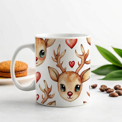 Cute Deer Faces Hearts Watercolor Ceramic Tea Coffee Mug Cup - 11oz