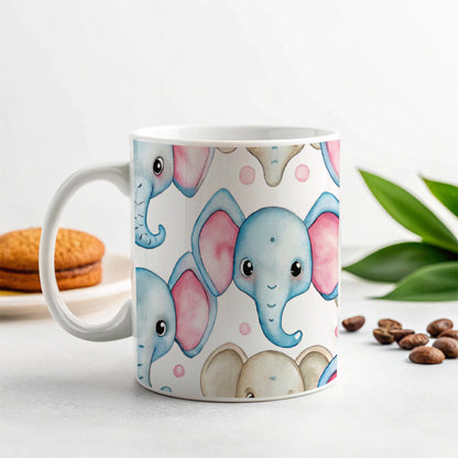 Cute Elephant Faces Watercolor Ceramic Tea Coffee Mug Cup - 11oz
