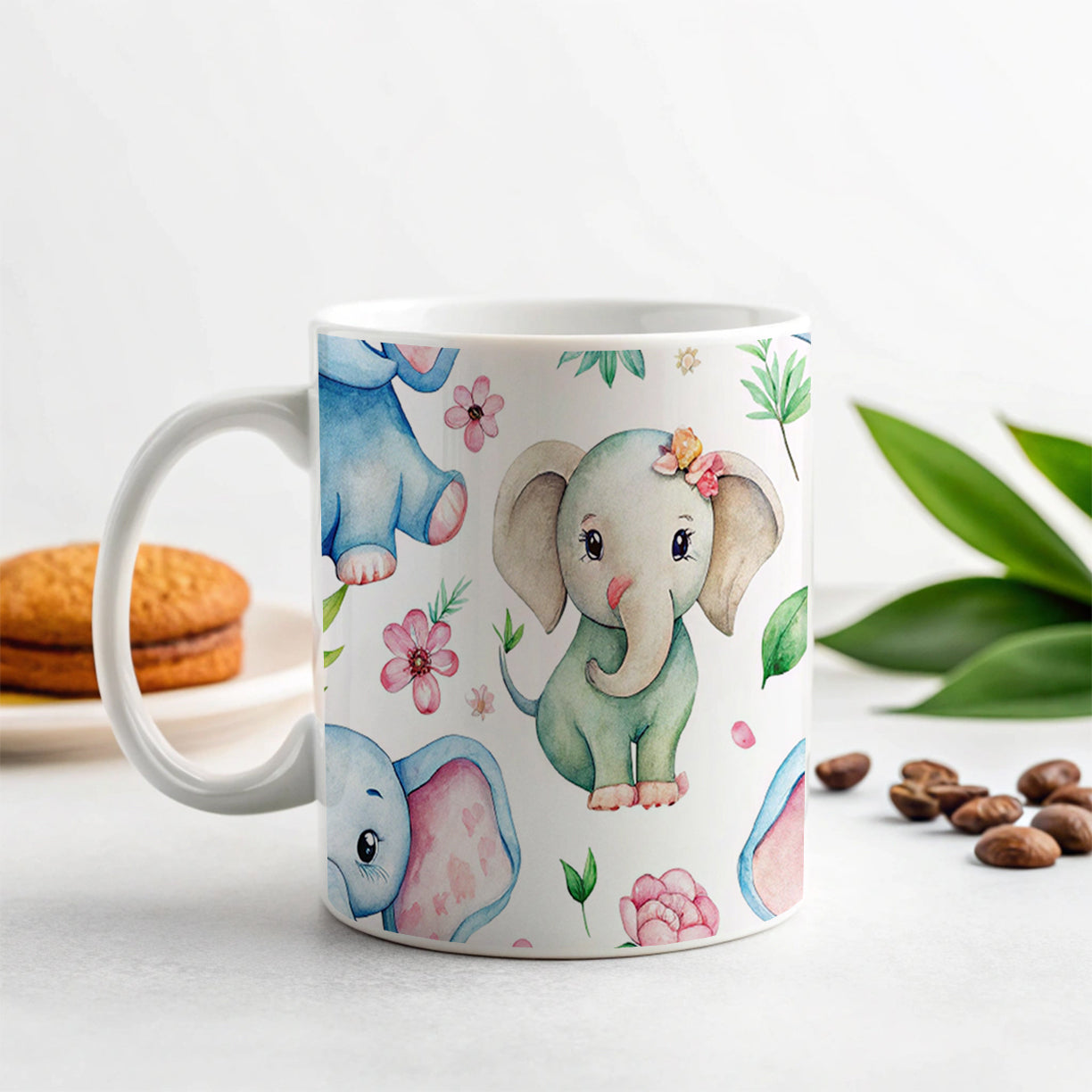 Cute Elephants Hearts Watercolor Ceramic Tea Coffee Mug Cup - 11oz
