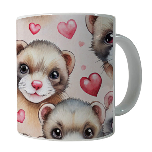 Cute Ferret Faces Hearts Watercolor Ceramic Tea Coffee Mug Cup - 11oz