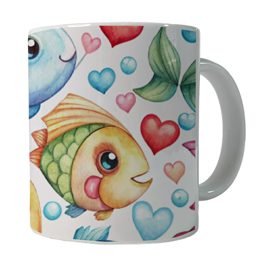 Cute Fish Faces Hearts Watercolor Ceramic Tea Coffee Mug Cup - 11oz