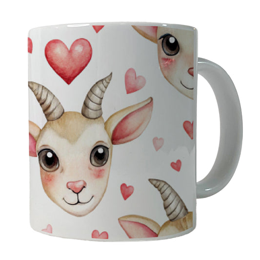Cute Goat Faces Hearts Watercolor Ceramic Tea Coffee Mug Cup - 11oz