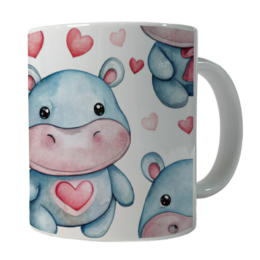 Cute Hippopotamus Hearts Watercolor Ceramic Tea Coffee Mug Cup - 11oz