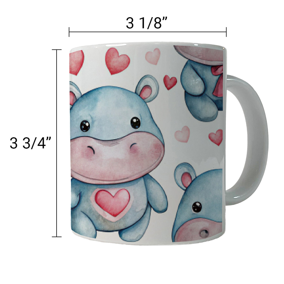 Cute Hippopotamus Hearts Watercolor Ceramic Tea Coffee Mug Cup - 11oz