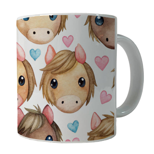 Cute Horse Faces Hearts Watercolor Ceramic Tea Coffee Mug Cup - 11oz
