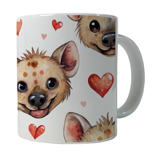 Cute Hyenas Faces Hearts Watercolor Ceramic Tea Coffee Mug Cup - 11oz