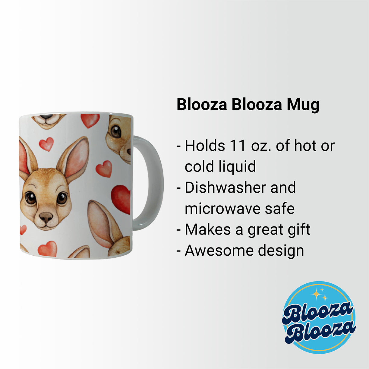 Cute Kangaroo Faces Hearts Ceramic Tea Coffee Mug Cup - 11oz
