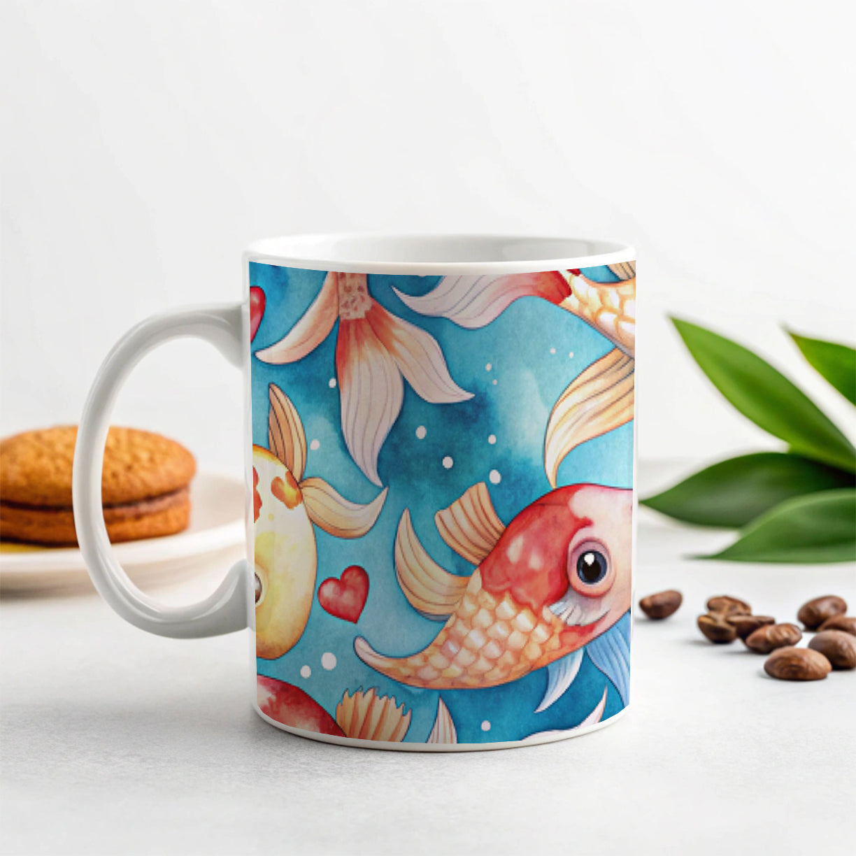 Cute Koi Fishes Hearts Watercolor Ceramic Tea Coffee Mug Cup - 11oz