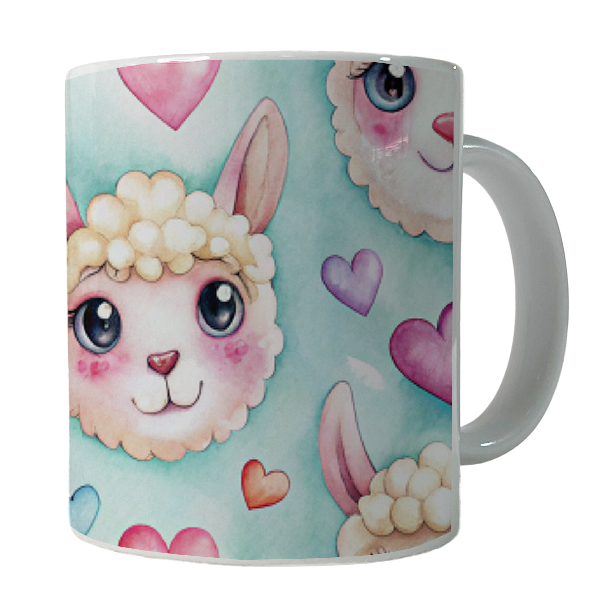 Cute Llama Faces Hearts Watercolor Ceramic Tea Coffee Mug Cup - 11oz