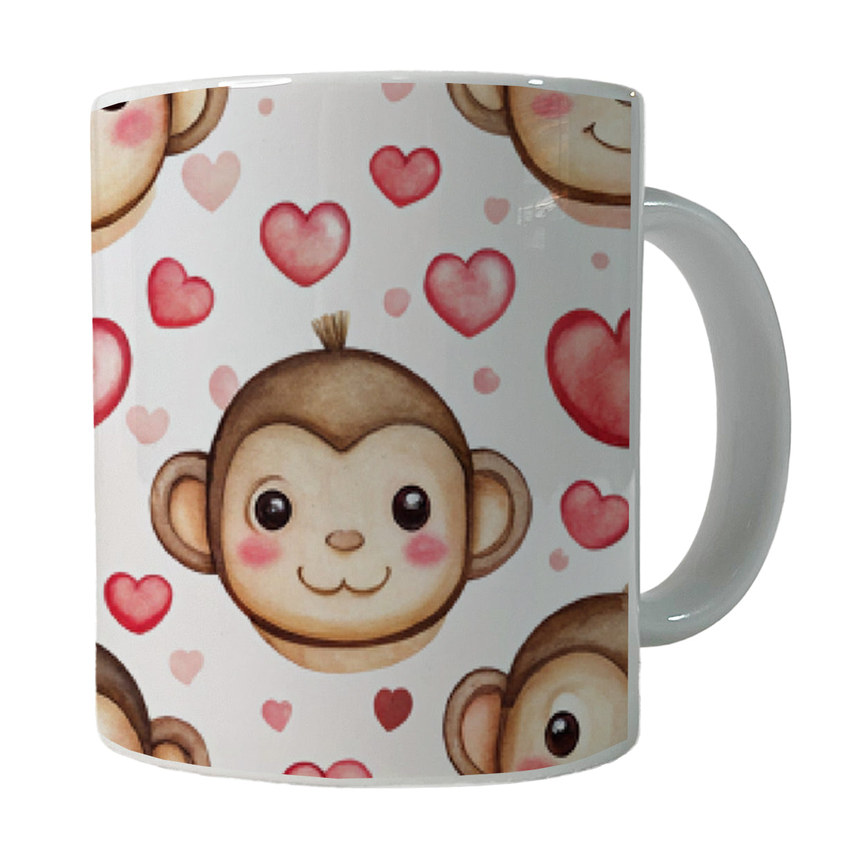 Cute Monkey Faces Hearts Watercolor Ceramic Tea Coffee Mug Cup - 11oz