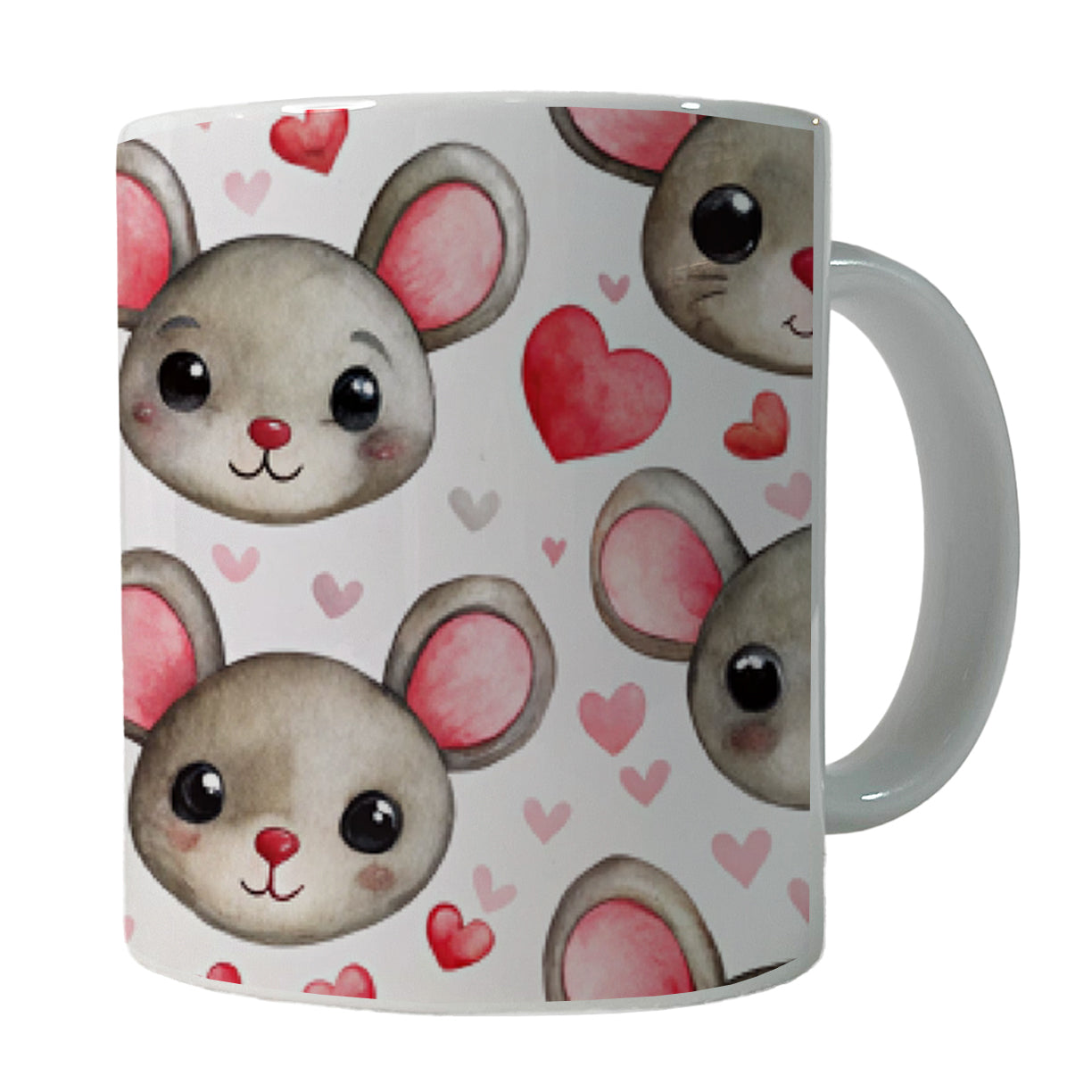 Cute Mouse Faces Hearts Watercolor Ceramic Tea Coffee Mug Cup - 11oz