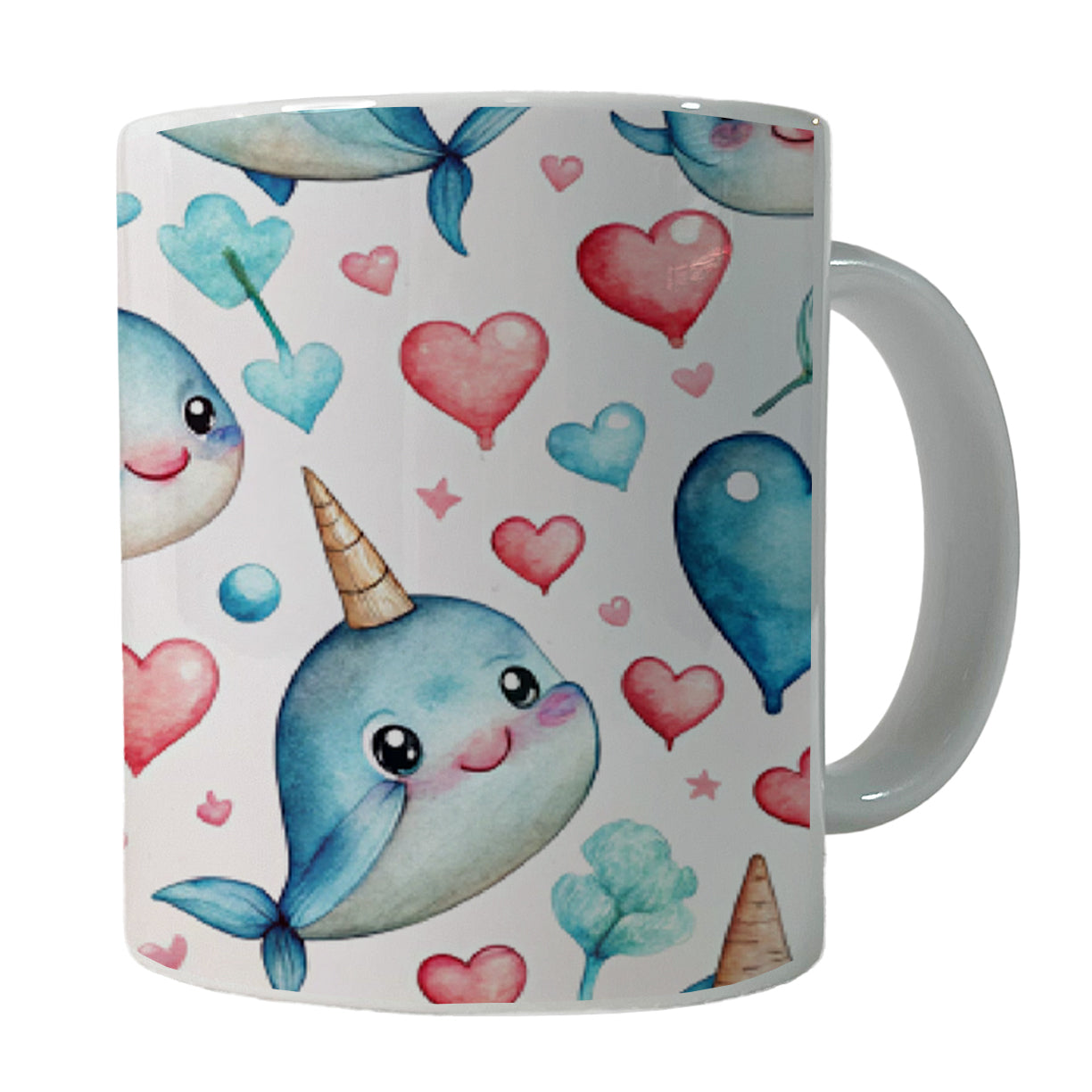Cute Narwhals Hearts Watercolor Ceramic Tea Coffee Mug Cup - 11oz