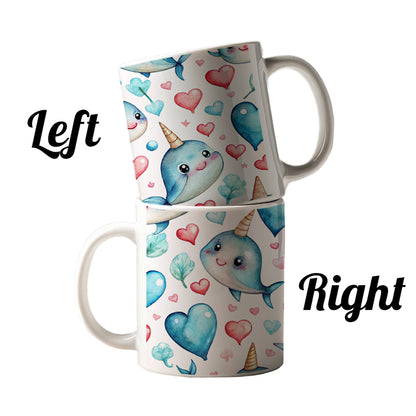 Cute Narwhals Hearts Watercolor Ceramic Tea Coffee Mug Cup - 11oz