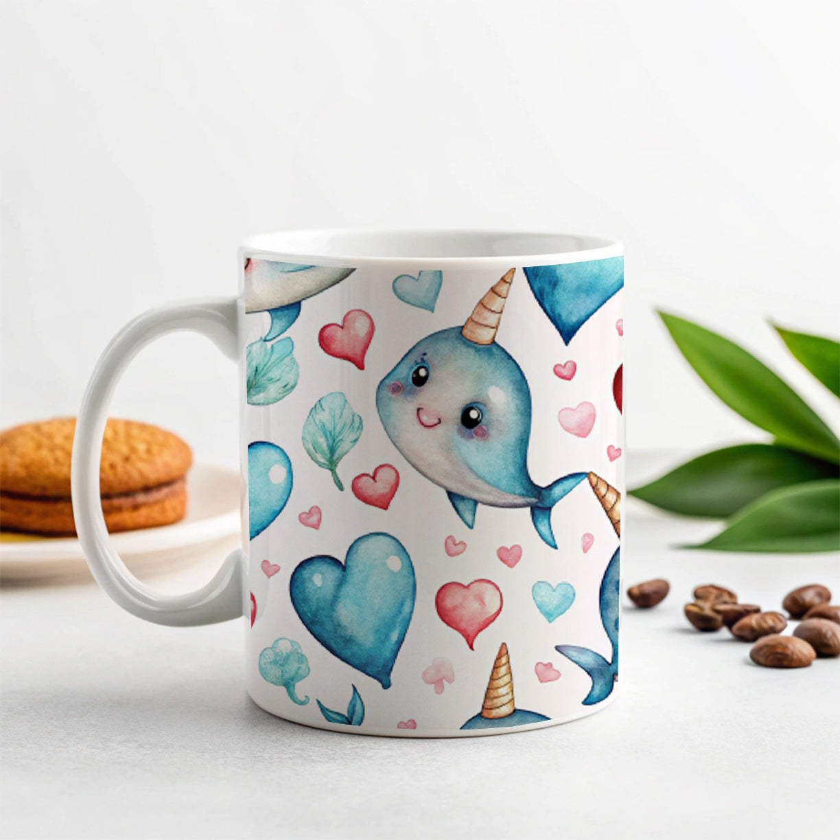 Cute Narwhals Hearts Watercolor Ceramic Tea Coffee Mug Cup - 11oz