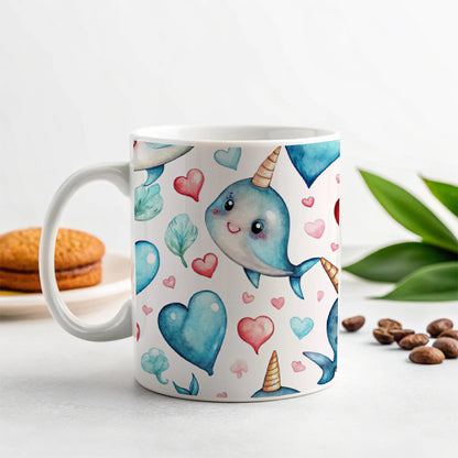 Cute Narwhals Hearts Watercolor Ceramic Tea Coffee Mug Cup - 11oz