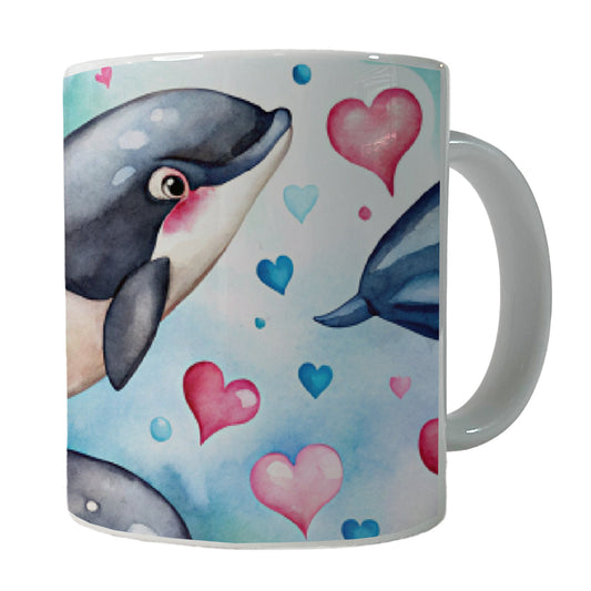 Cute Orcas Whales Hearts Watercolor Ceramic Tea Coffee Mug Cup - 11oz